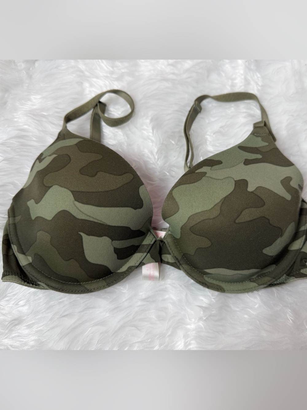 PINK Victoria's Secret Olive Camo Bra with Bright Pink Lining. 32C